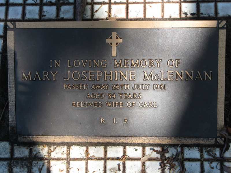 Photo of headstones/Mary Josephine McLennan (nee Bennett) d1981 CouttsCrssg cem